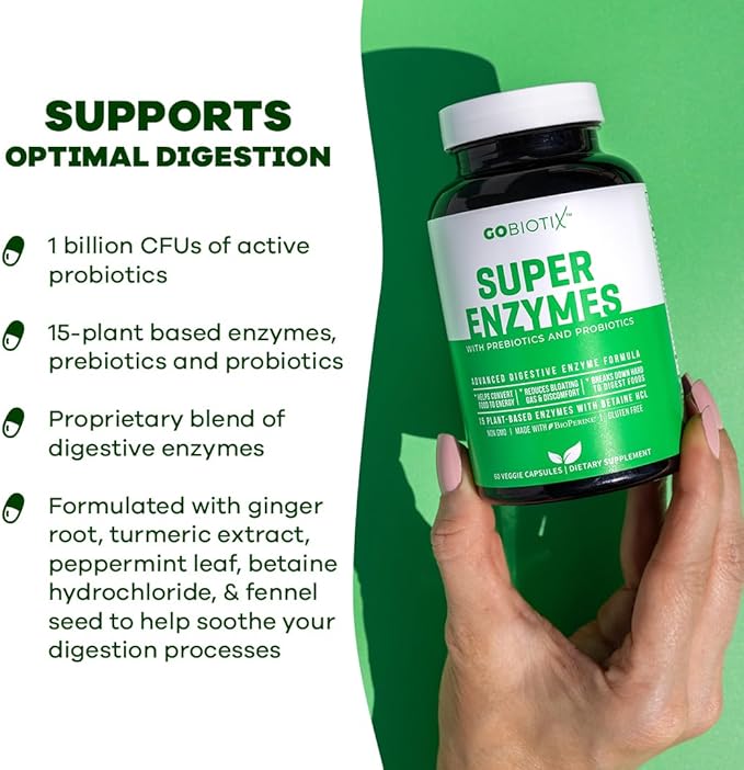 GOBIOTIX Super Enzymes Supplement - Digestive Enzymes with Prebiotics and Probiotics for Women and Men - Supports Gut Health Gluten Digestion Lactose Absorption Plant Based Dietary Pills
