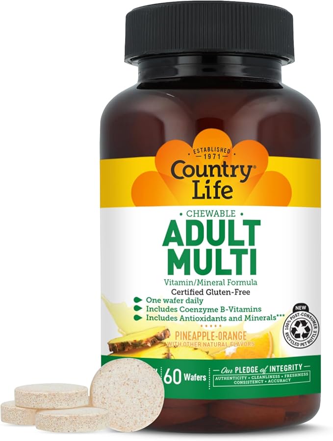 Country Life Adult Chewable Multivitamin with Coenzyme B-Vitamins Antioxidants Minerals Pineapple-Orange Flavor - Supports Energy Metabolism and Immune Health Gluten Free - 60 Wafers