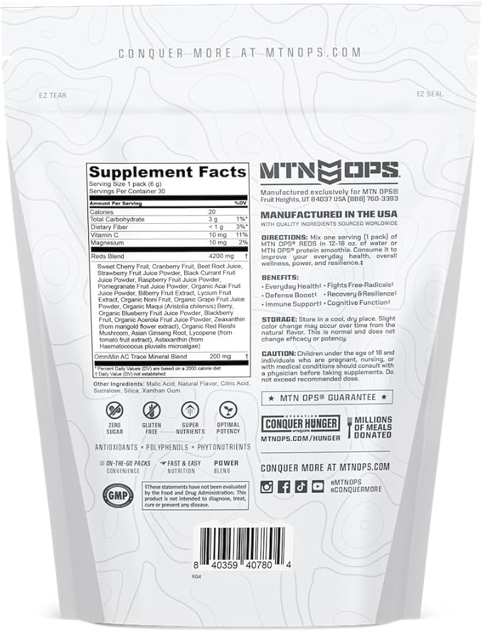 MTN OPS Reds Super Reds Antioxidant Drink Powder Daily Health Blend with Phytonutrients Free Radical Support 30 On The Go Stick Packs