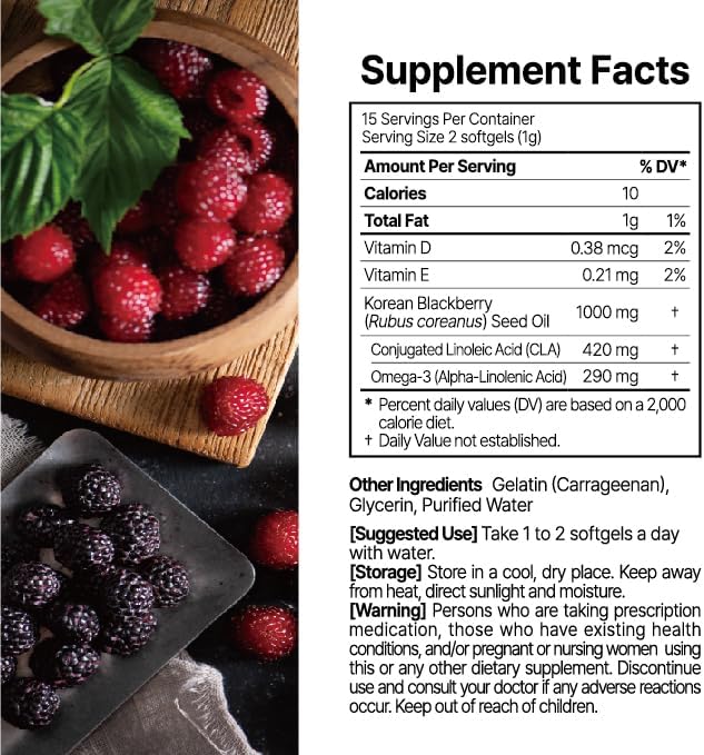 KIM'S TABLE Black Seed Oil Healthy Immune Supports K-Berry Korean BlackBerry antioxidant Seed Oil 30 Capsules (0.53 oz) Vegan Antioxidant Complex 복분자종자유 Non-GMO Patented Made in Korea