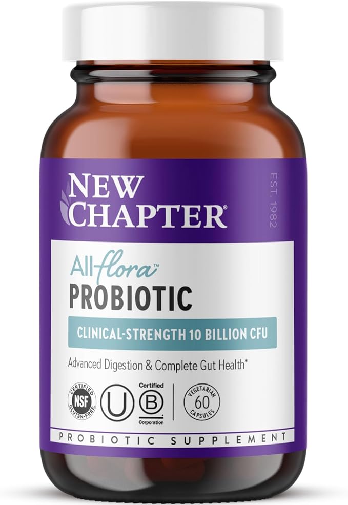 New Chapter All-Flora Probiotic for Advanced Digestion &amp Complete Gut Health with Prebiotics + Postbiotics Clinical-Strength Strains 100% Vegetarian Non-GMO Shelf Stable - 60 ct (2 Month Suppl