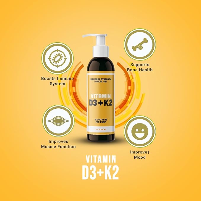 Vitamin D3 K2 Maximum Strength Topical Gel - 15000+ IU Per Pump - The Sunshine Vitamin - Supports Bone &amp Joint Health Immune Support - One Month Supply
