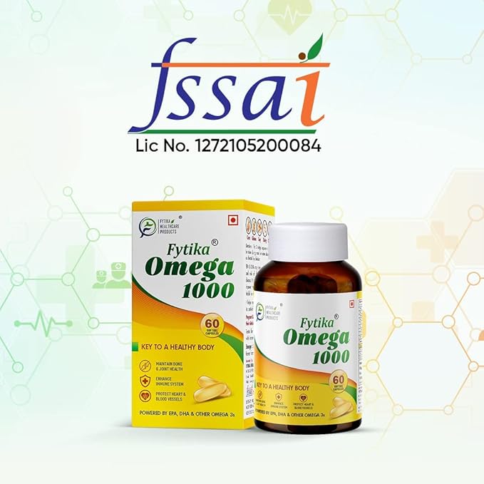 Omega 3 Fish Oil 1000mg 60 Capsules for Heart Eye Skin Brain Joint &amp Muscle Support | Omega 3 1000mg Fatty Acid Capsule enriched with EPA 360mg+DHA 240mg &amp Omega Fatty Acids 400mg