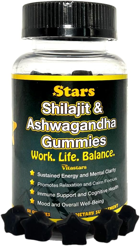 Shilajit Ashwagandha Gummies - Immune Support Supplement with Pure Shilajit Resin - Organic Ashwagandha Gummy for Stress Energy &amp Wellness 60 Natural Star-Shaped Gummies