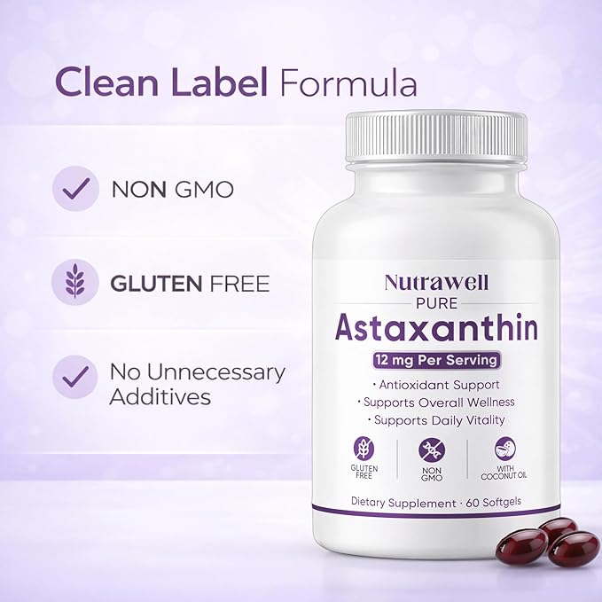 NutraWell Astaxanthin 12mg with Coconut Oil Antioxidant Support Supplement Non-GMO Gluten Free 60 Softgels