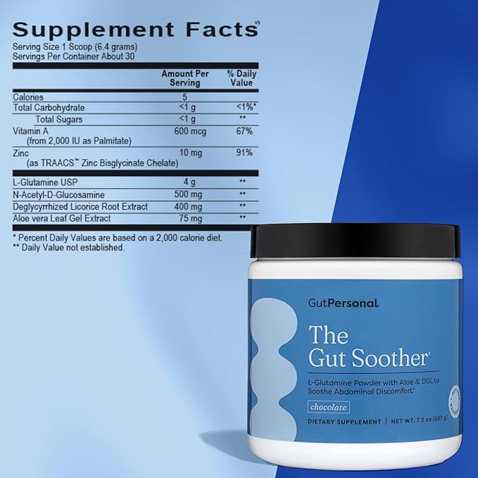 GutPersonal The Gut Soother L-Glutamine Powder Supplement: Restore Gut Lining Soothe Digestive Discomfort While Promoting Overall Gut Health 30 Servings (Chocolate)