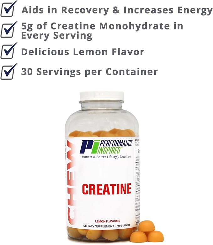 PERFORMANCE INSPIRED Creatine Gummies – 5g Creatine Monohydrate – Muscle Recovery &amp Strength Support – Lemon Flavor – 150 Count