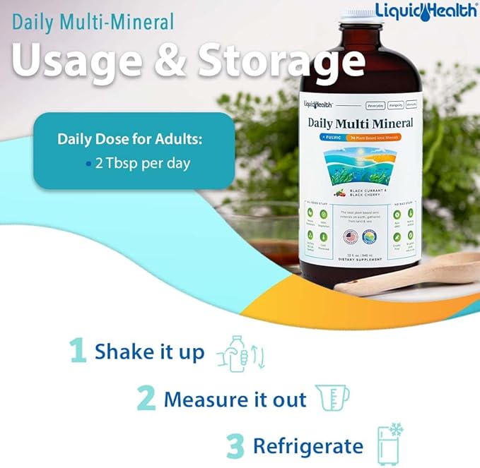 LIQUIDHEALTH Daily Multi Mineral Liquid Supplement with Fulvic Acid Plant Based Ionic Aquamin Sea Trace Ocean Minerals - Immune Support Energy Gut Health Detox - Made in USA Vegetarian (32 oz)