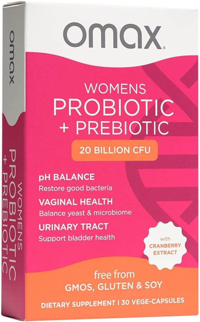 Omax3 Prebiotics and Probiotics Complex for Women pH Balance Vag Health Urinary Tract Yeast &amp BV Prevention Lactobacillus &amp Bifidobacterium | Vegan Organic Gluten Free | 30 Vege-Capsule