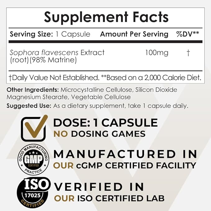 Matrine Capsules | 100mg | 98% | Sophora flavescens Extract | 180 ct