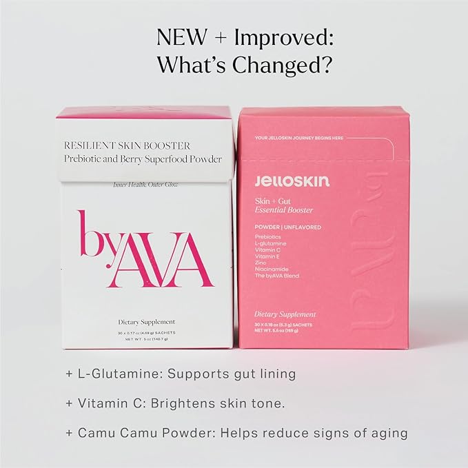 byAVA Jelloskin Skin + Gut Essential Prebiotic Booster Powder | L-Glutamine 1500mg Vitamin C Zinc Niacinamide | 30 Servings | Glowing Skin Gut Health Support | Antioxidants Camu Camu &amp Spiruli