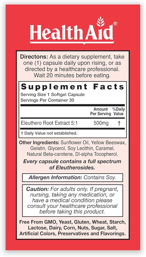 HealthAid Sibergin Siberian Eleuthero 30ct Once Daily Soft Gel Capsules Helps Combat Stress and Fatigue Promotes Stamina and Endurance
