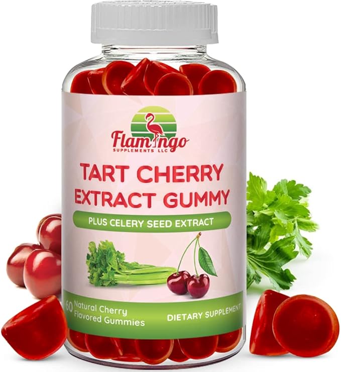 Flamingo Supplements Tart Cherry Gummies (2000mg) with Celery Extract (400mg)- Sleep and Joints- Tart Cherry Extract Alterative to Tart Cherry Juice Concentrate Capsules or Powders - 60 Count