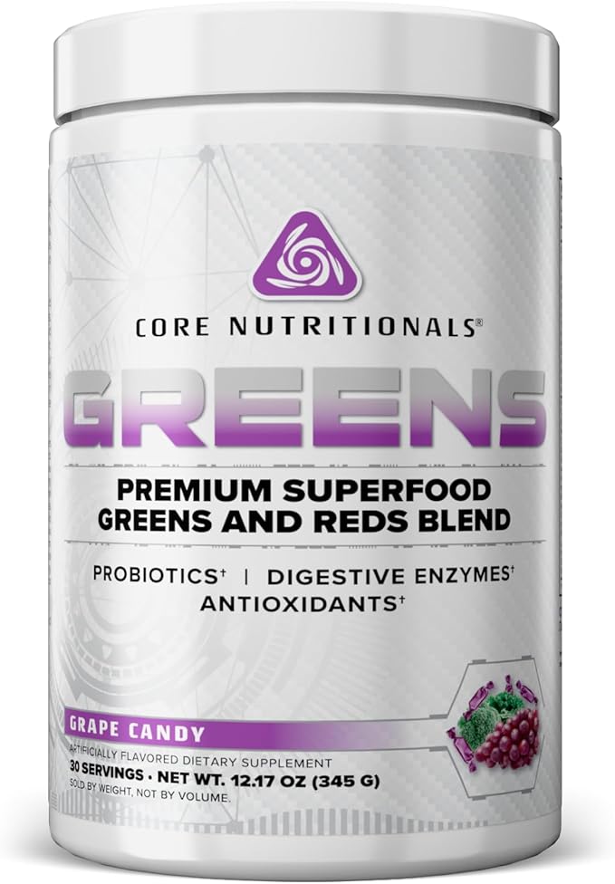 Core Nutritionals Greens | Premium Superfood Reds &amp Greens Blend | 5 Billion CFU Probiotics Digestive Enzymes &amp Antioxidants | 30 Servings (Grape Candy)