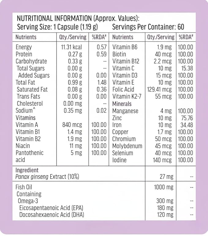 Omega 3 Fish Oil 1000mg Capsules with Multivitamin (60 Capsules) | Fish Oil EPA DHA with Ginseng &amp 21+ Ingredients for Energy Immunity