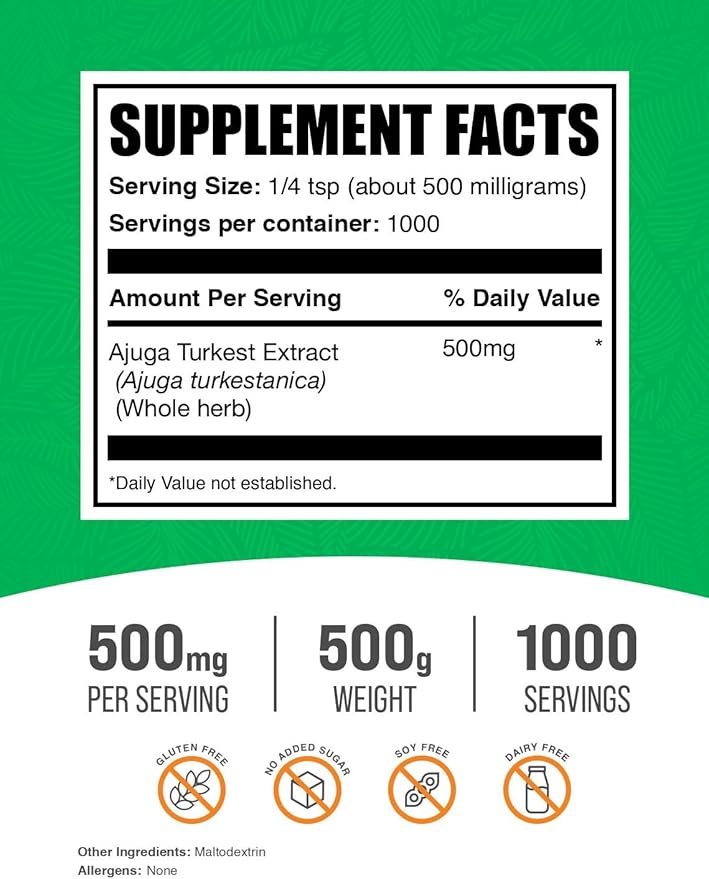 BulkSupplements.com Ajuga Turkest Extract Powder - Herbal Supplement Powder Ajuga 500mg - Pure &amp Gluten Free 500mg per Serving 500g (1.1 lbs) (Pack of 1)