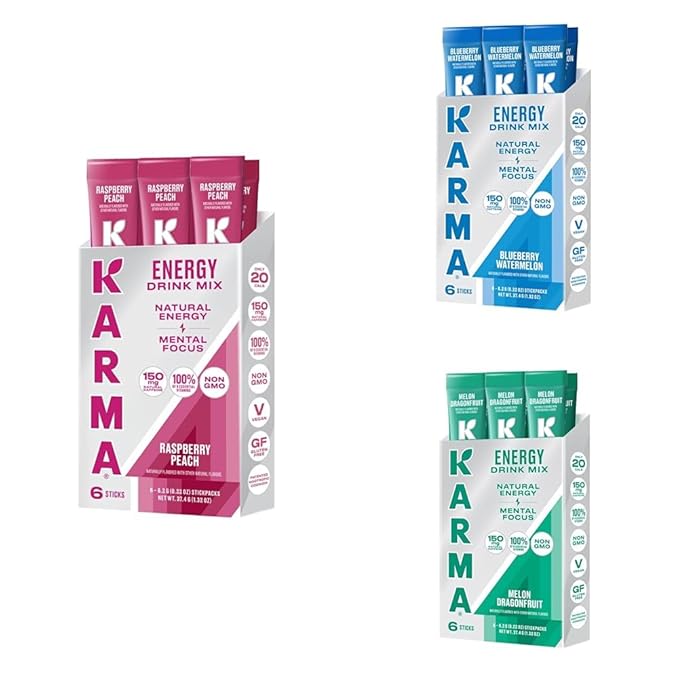Karma Energy Hydration Packet Variety Pack – Raspberry Peach Melon Dragonfruit &amp Blueberry Watermelon Drink Mix with Cognizin® Nootropics &amp Vitamins