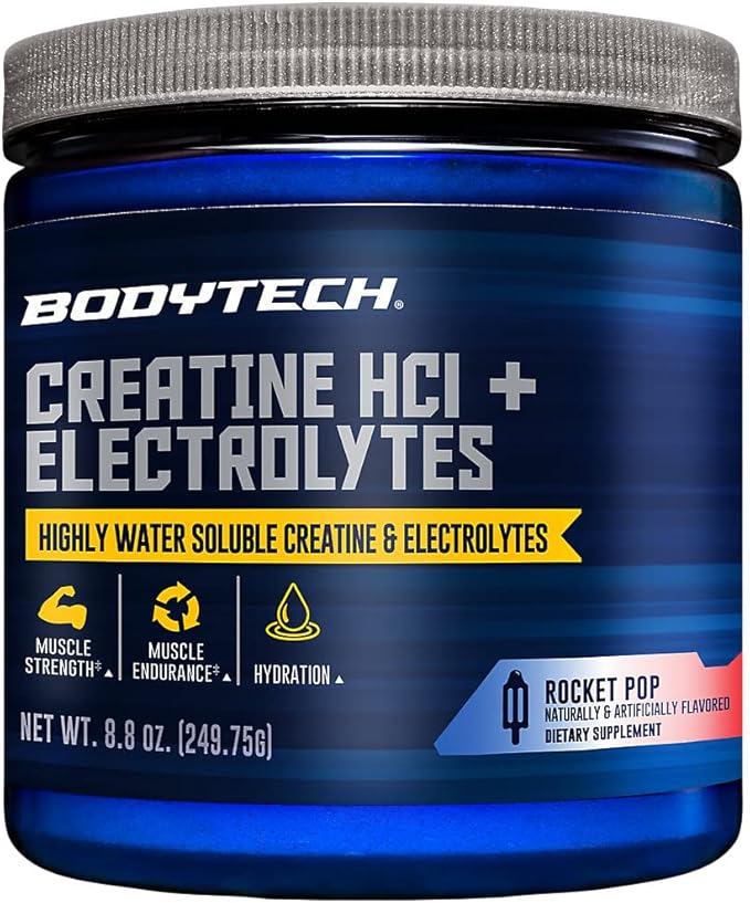BodyTech Creatine HCl + Electrolytes Powder Highly Water-Soluble Creatine with Electrolyte Minerals Supports Hydration and Performance Rocket Pop Flavor 8.8 oz 75 Servings