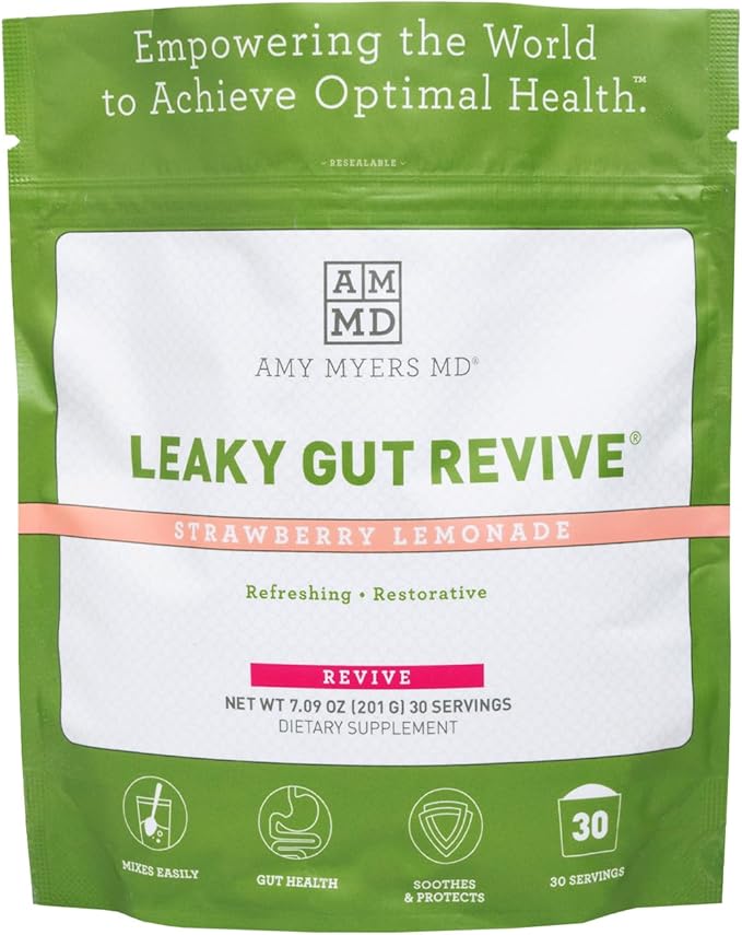 Amy Myers MD Leaky Gut Revive - L-Glutamine Digestion Support - Healthy Gut Aid with Marshmallow &amp Licorice Root - Aids Mucosal Lining - 201 g Strawberry Lemonade (30 Servings)