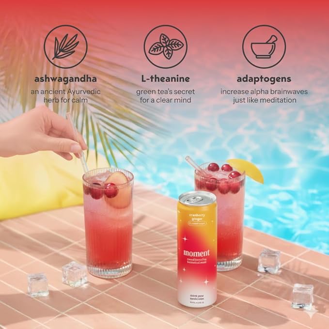 Moment Botanical Soda Soft Drink (Shark Tank) - SPARKLING Non Alcoholic Drinks | Cranberry Ginger | L-Theanine &amp Ashwagandha for Calm &amp Clarity | 0 Added Sugar 0 Caffeine | 12-pack