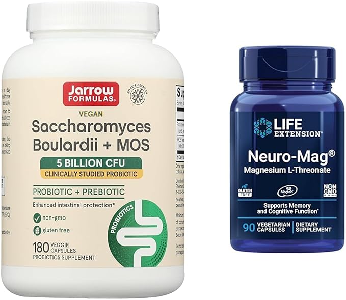 Jarrow Formulas Saccharomyces Boulardii Probiotics + MOS 5 Billion CFU Probiotic Yeast &amp Life Extension Neuro-mag Magnesium L-threonate Magnesium L-threonate Brain Health Memory