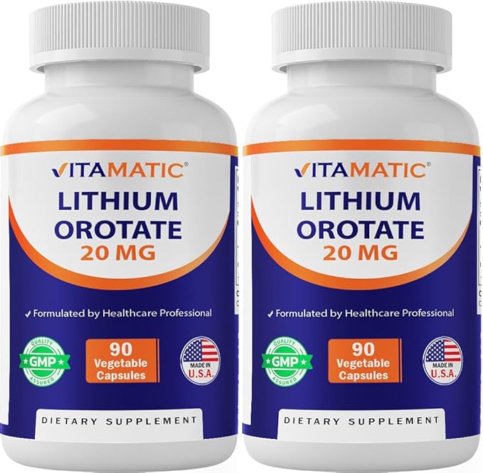 Vitamatic Lithium Orotate 20mg 90 Capsules - Veggie Caps Non-GMO Gluten Free- 2 Pack