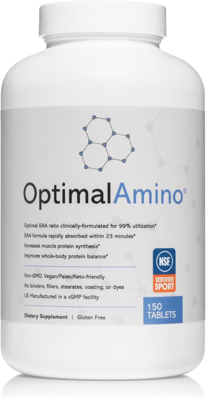 OptimalAmino Tablets (150 Count) | 99% Utilized Essential Amino Acids (EAA) Supplement Increase Muscle Recovery BCAA Protein Pre/Post Workout | NSF Certified for Sport® Certified