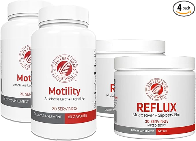Silver Fern Brand Slow Motility+Kit – Digestive Support Bundle – 30-Day Supply – 2 Motility 2 Berry Flavor Powder Reflux – Capsules Powder – Artichoke Leaf Okra Ashwagandha MucoSave – Made in USA