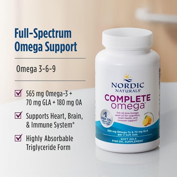 Nordic Naturals Complete Omega Lemon Flavor - 180 Soft Gels - 565 mg Omega-3 - EPA &amp DHA with Added GLA - Healthy Skin Cognition &amp Positive Mood - Non-GMO - 90 Servings