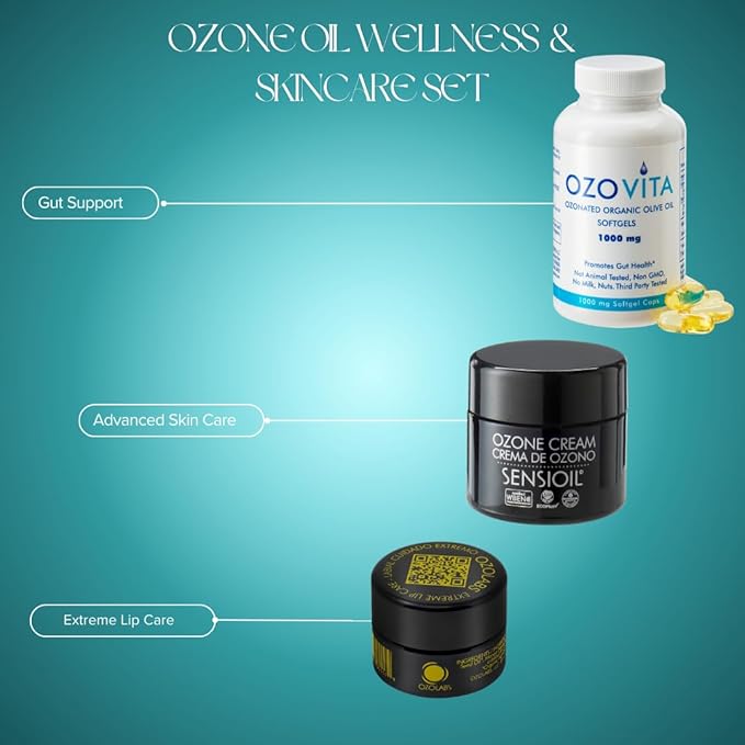 OZOLABS Skincare &amp Wellness Bundle | Ozone Cream Extreme Lip Care Ozonated Olive Oil Softgels | Hydration Repair &amp Immune Support