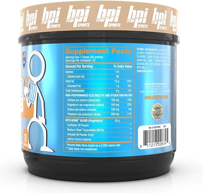 BPI Sports Keto Bomb - Promotes Energy Hydration and Fat Loss - MCT and Electrolytes - Sugar-Free with Calcium - French Vanilla Latte 18 Servings