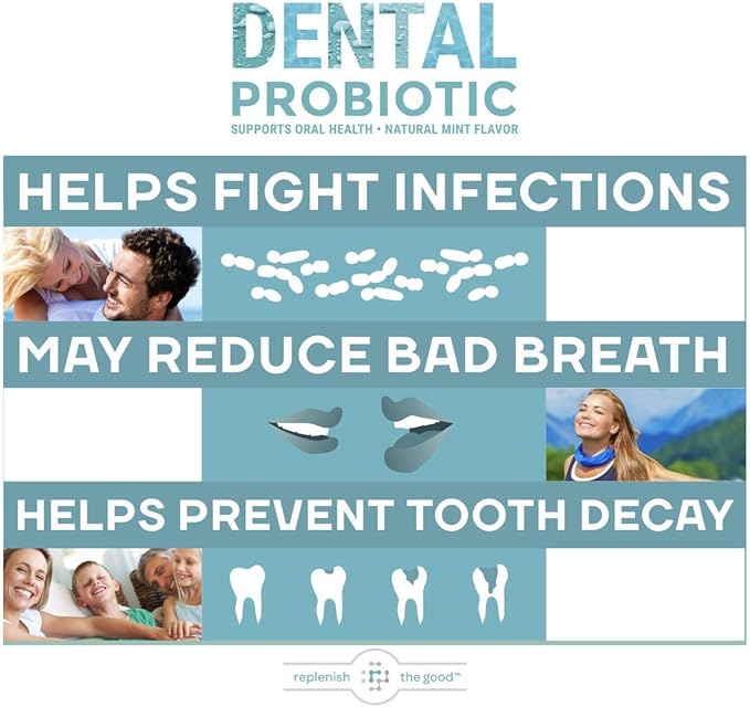 Dental Oral Probiotic 60 Chewable Tablets - Supplements w/BLIS K12 &amp M18 - Bad Breath Treatment for Adults - Boosts Oral Health - Fights Halitosis Tooth Decay Strep Throat (Mint Flavor)