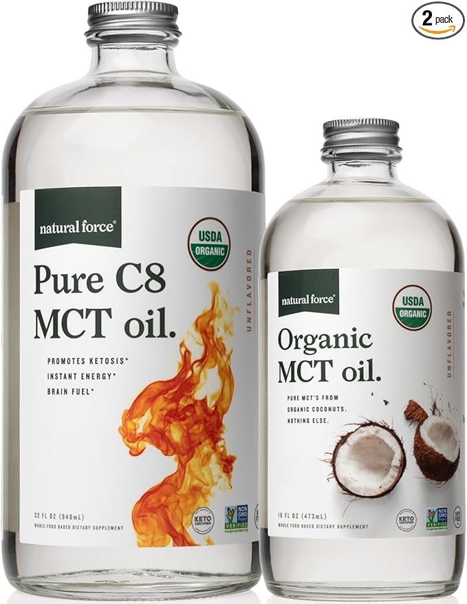 Natural Force Organic Pure C8 + Organic Full Spectrum MCT Oil – USDA Organic Non GMO 100% Pure Coconut MCTs – Keto Paleo Vegan and Kosher – 32 Oz &amp 16 Oz Glass Bottles