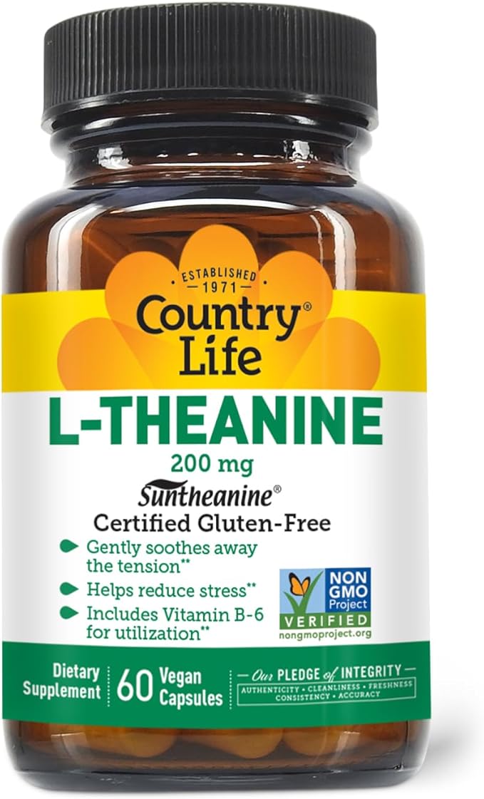 Country Life Suntheanine L-Theanine – 60 Vegan Capsules | Natural Stress Relief Supplement with Inositol | Promotes Relaxation Focus &amp Better Sleep | Certified Gluten-Free Non-Drowsy Formula