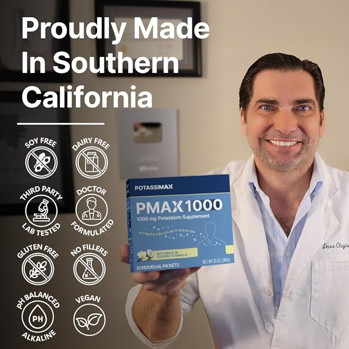 PMAX1000 High Dose Pure Potassium Electrolyte Supplement Powder 1000mg 4-Type Potassium Blend-Citrate Gluconate BicarbonateChloride Supports Healthy Blood Pressure Heart Kidneys Bones Muscles