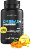 Livingood Daily Omega 3 6 9 Plus Turmeric Curcumin Supplement 60 Softgels - Fish Oil Omega 3 Supplements (EPA &amp DHA) for Men and Women - Brain Joint Heart Health and Metabolism - Made in USA
