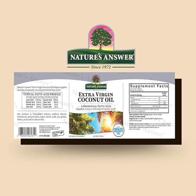Nature's Answer Extra Virgin Coconut Oil Softgels Organic Coconut Oil Multi-Purpose Non-GMO Ideal for For Hair Skin Body Moisturizer (Pack of 2)