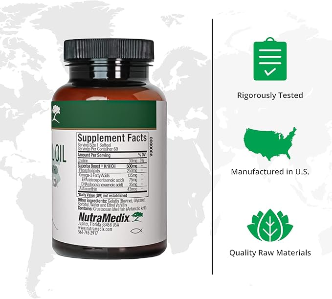 NutraMedix Antarctic Krill Oil 500mg - Fish Oil Supplement - Omega-3s (EPA &amp DHA) + Astaxanthin - Red Krill Supplement for Joint Immune Heart Liver &amp Brain Health Support (60 Softgels)