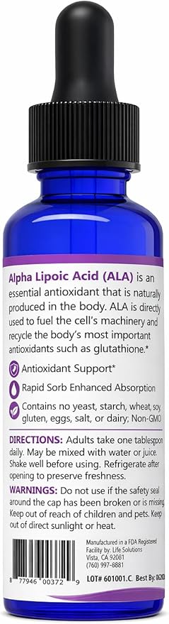 Life Solutions Liquid Alpha Lipoic Acid with Dropper – 2 fl oz – High Absorption Antioxidant Supplement for Cellular Health Energy Support &amp Travel-Friendly Convenience