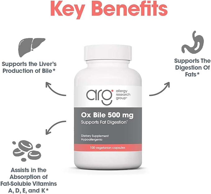 ARG Ox Bile 500 mg - Supports Fat Digestion - Delivers 500 mg Concentrated Bile Salts per Serving - Hypoallergenic &amp Vegetarian - 100 Servings - 100 Capsules
