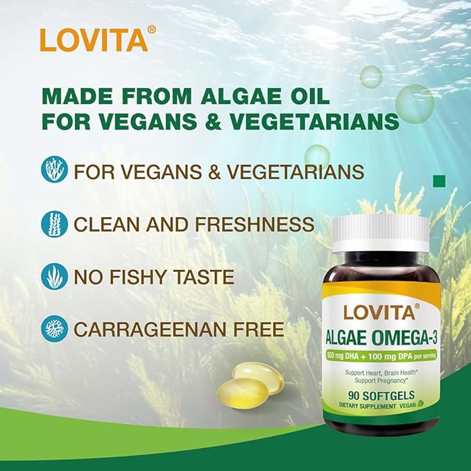 Lovita Algae Omega-3 Vegan and Plant-Based DHA &amp DPA Fish Oil Alternative 1000mg Algae Oil Support Heart and Brain Health Carrageen-Free 90 Softgels