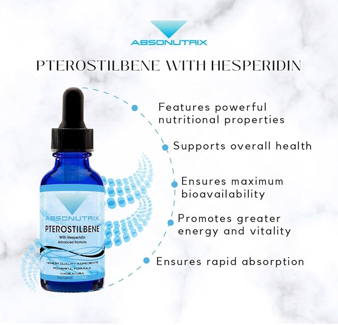 Absonutrix Pterostilbene with Hesperidin 390 mg 4 Oz Liquid 300 Servings Made in USA Quick Absorption Quality Potent Ingredients Non-GMO GMP Certified Facility Cruelty-Free Products