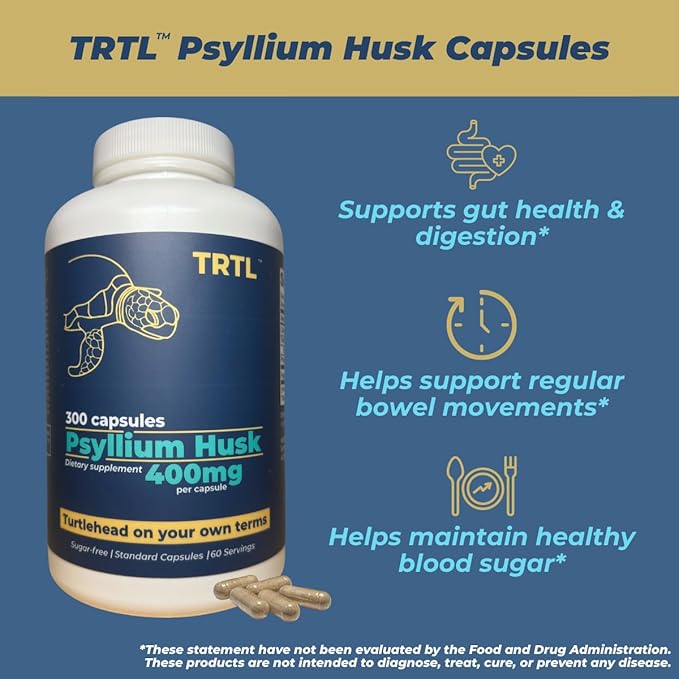 TRTL Psyllium Husk Capsules – 300ct | Fiber Supplement for Gut Health &amp Regularity | Non-GMO | 2g Psyllium Husk per Serving
