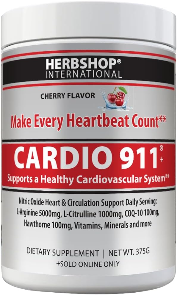 Cardio 911® Nitric Oxide Heart &amp Circulation Support - 5000mg L-Arginine &amp 1000mg L-Citrulline - Cherry 30 Servings Powder 375 Grams - CoQ10 Beet Root - High Potency Cardiovascular Formula