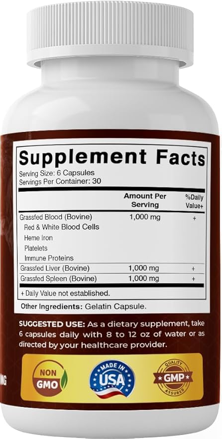 Vitamatic Grass Fed Beef Blood with Liver and Spleen 180 Capsules – Freeze-Dried Non-GMO Bovine Liver Supplement – Pasture-Raised Glandular-Based Formula