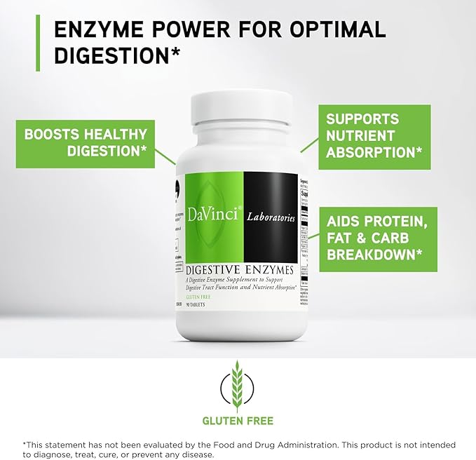 DAVINCI Labs Digestive Enzymes Dietary Supplement Supports Digestive Tract Function &amp Nutrient Absorption - with Calcium Pepsin Bromelain Papain Pancreatin and More - Gluten-Free - 90 Tablets