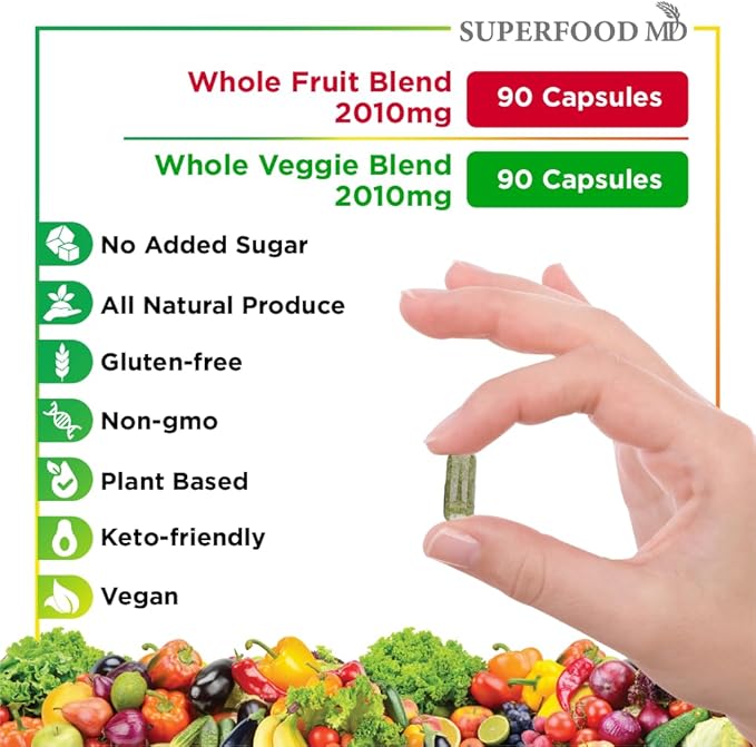 Superfood 180 Fruit and 180 Veggie Capsules - Whole Food Natural Superfoods - Maintain Energy Levels with Beta Carotene - Soy Free (90 Count (Pack of 4)