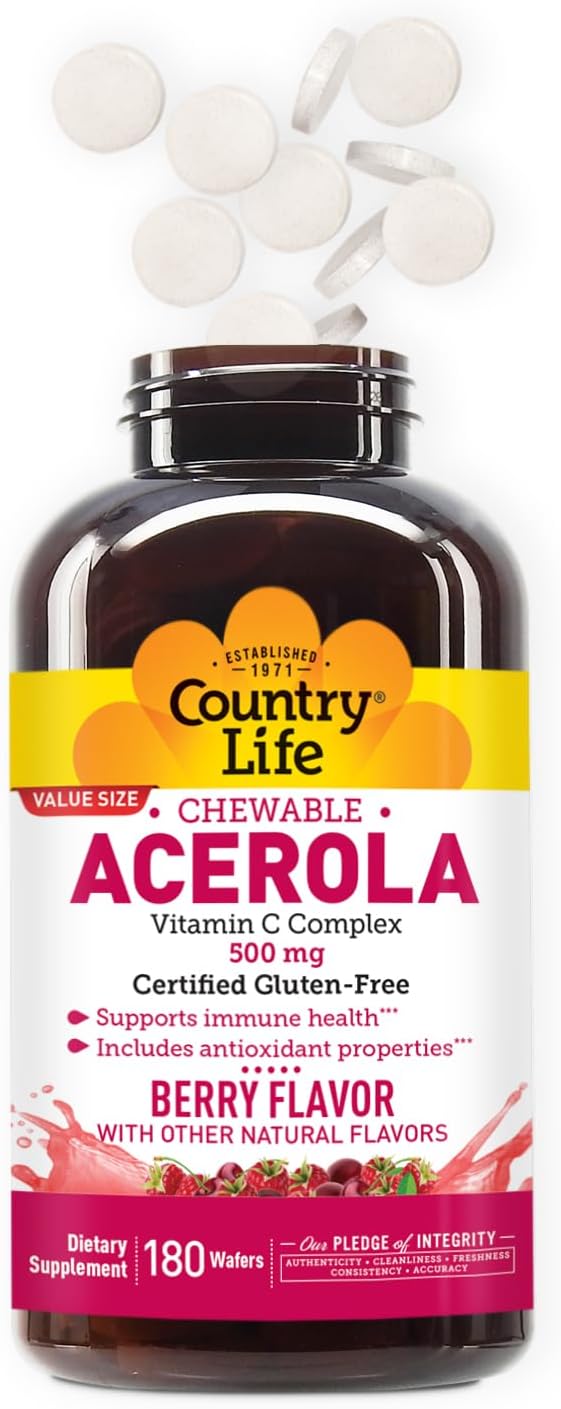 Country Life Acerola Vitamin C Complex 500mg Chewable Berry Flavored Wafers Supports Immune Health 180 Wafers Certified Gluten Free by GFCO  Certified Vegan by AVA
