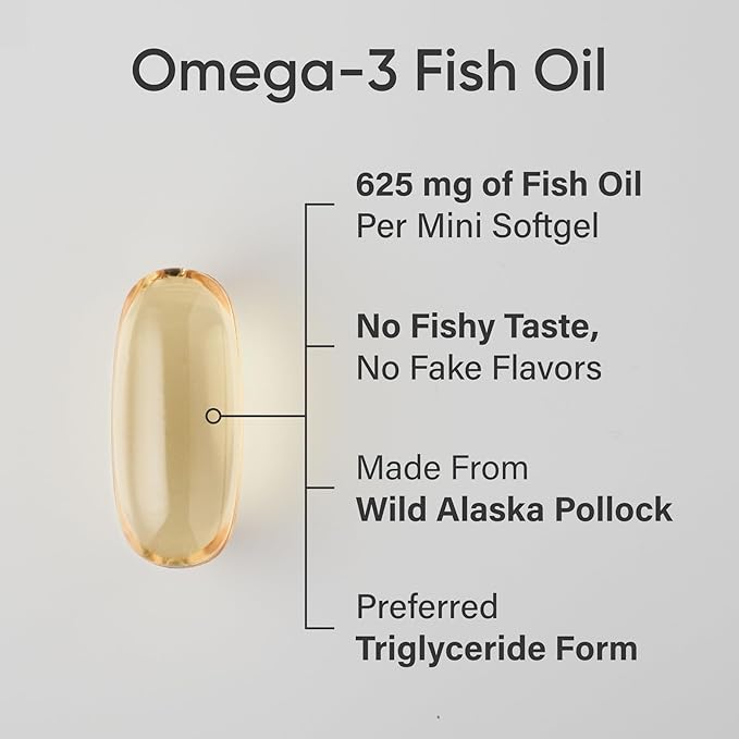 Sports Research® Omega-3 ­­Fish Oil Mini-Softgels - Sourced from Wild Caught Alaska Pollock - Burpless Bovine Free Non-GMO &amp MSC Certified Sustainable - 120 Count