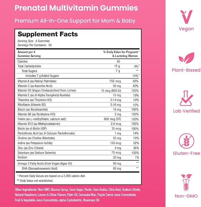 Prenatal Vitamin Gummies with DHA | Vegan Prenatal Vitamins for Women with Omega 3 Folate Choline &amp D3 Pregnancy Vitamins for Fetal Development | Gummy Multivitamin Supplement 120 Count (2-Pac